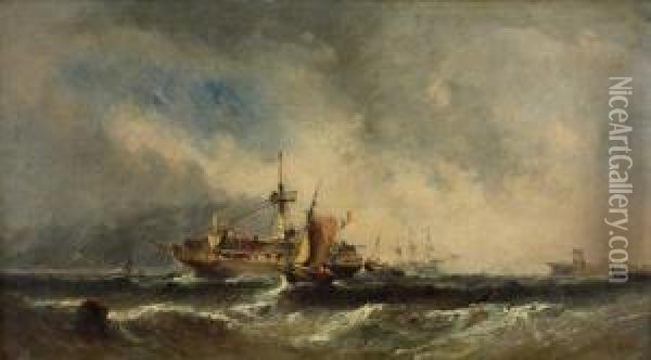 French Wrecked Warship Being Towed To Harbour Oil Painting - John Jock Wilson