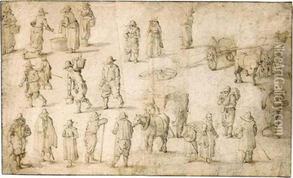 Sheet Of Studies Of Peasants, Horses And Carts Oil Painting - Pieter Gysels