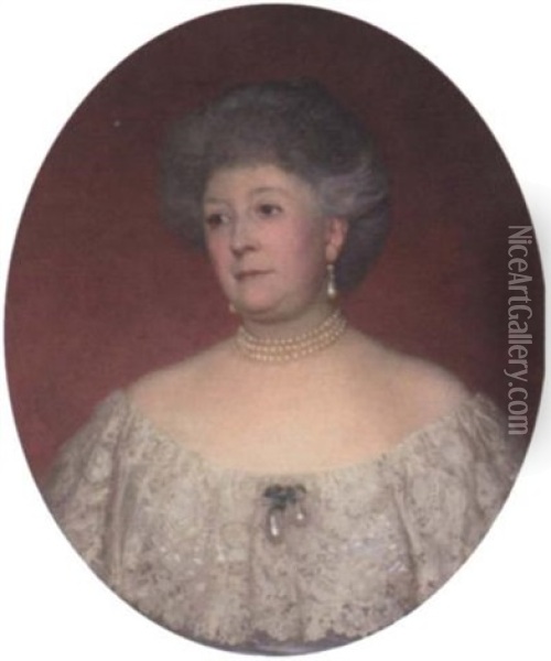 Portrait Of Mrs. Ralph Vivian In A White Lace-trimmed Dress Oil Painting - Frank Dicksee