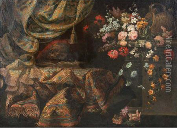 Still Life With An Overturned Urn, Flowers And A Skull Resting On A Book Oil Painting - Francesco (Il Maltese) Fieravino