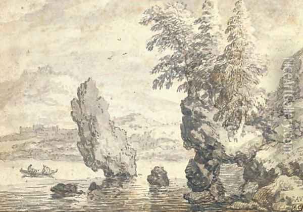 A rocky coastal landscape with pine trees, figures in a rowing boat beyond Oil Painting - Allaert van Everdingen