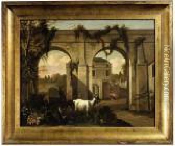 Jansz . Two Goats In Front Of An Aqueduct Oil Painting - Abraham Jansz Begeyn