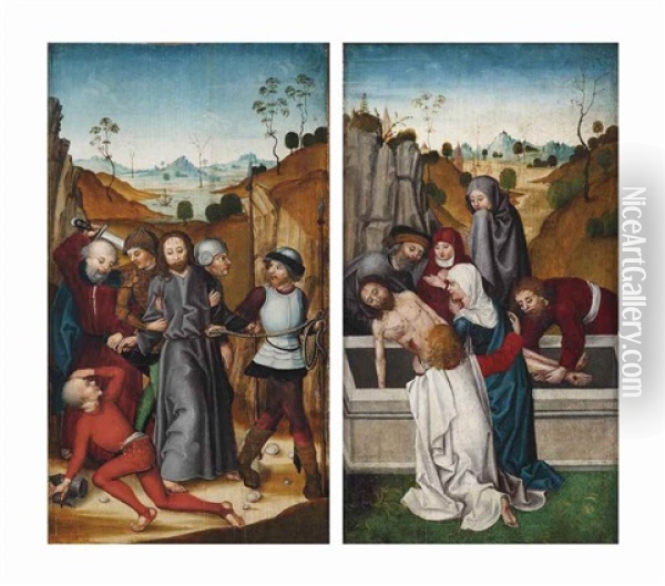 Wing Of An Altarpiece: The Arrest Of Christ (outer Face); And The Entombment (inner Face) Oil Painting - Ludwig Schongauer