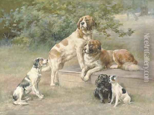 Two St. Bernards, a black Cocker Spaniel, an English Setter and a black and white Terrier Oil Painting - Edmund Henry Osthaus