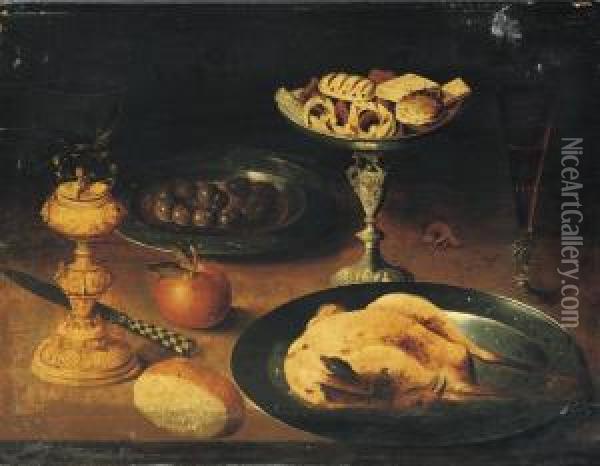A Roasted Chicken, A 'facon De 
Venise' Of Red Wine, Sweetmeats On Asilver 'tazza', Olives On A Pewter 
Plate, And A 'roemer' On Astand, All On A Ledge Oil Painting - Osias, the Elder Beert