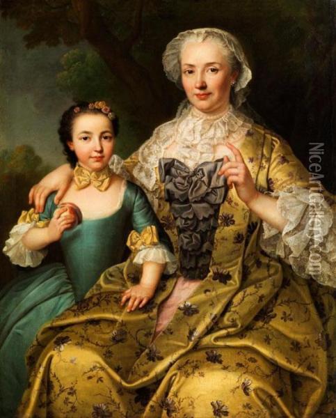 Dame In Grun-gelbem Seidendamastkleidmit Spitzenhaube, Mit Ihrem Tochterchen Oil Painting - Johann Heinrich The Elder Tischbein