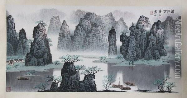 Mountains And Li River Oil Painting - Shi Bi
