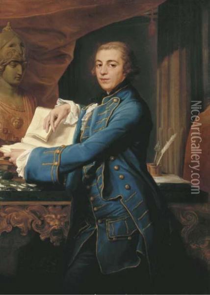 Portrait Of John Crewe, Later 
1st Baron Crewe (1742-1829),three-quarter-length, In A Gold-embroidered 
Blue Coat Andwaistcoat, Holding A Book, By A Marble-topped Table With A 
Bust Ofminerva, In An Interior Oil Painting - Pompeo Gerolamo Batoni