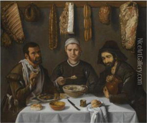 An Interior With Three Figures 
Eating At A Table, A Row Of Meats Hung From A Rail On The Back Wall Oil Painting - Diego Rodriguez de Silva y Velazquez