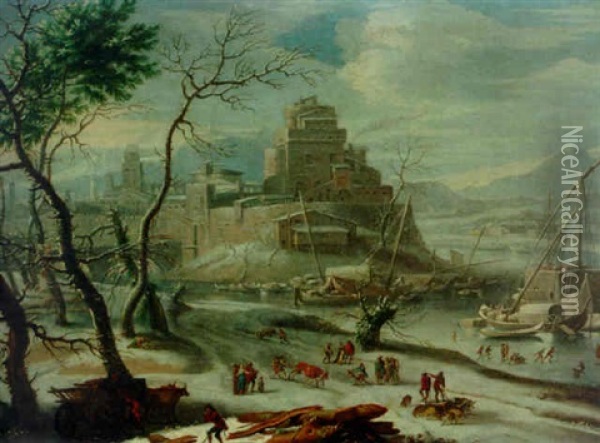 A View Of An Italian Walled Town In Winter (verona?) Oil Painting - Francesco Foschi