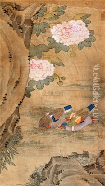 Lotus And Mandarin Duck Oil Painting -  Jiang Tingxi