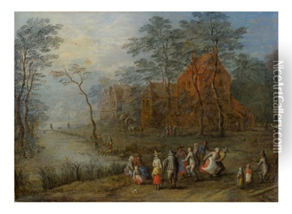 Tanzende Bauern Auf Der Dorfstrase Oil Painting - Joseph van Bredael
