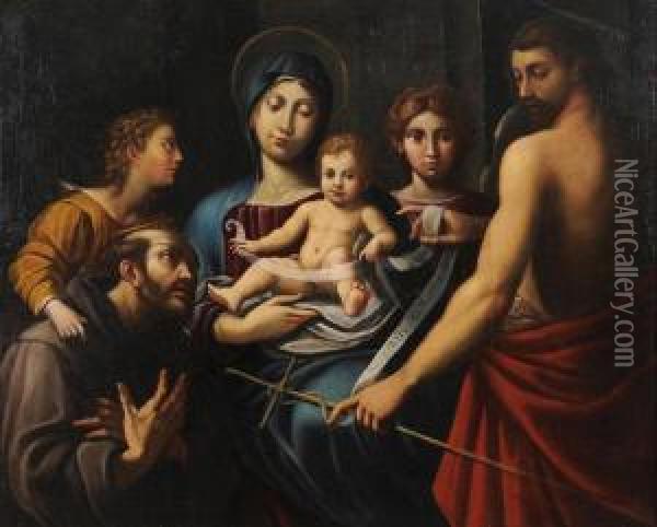 Sacra Famiglia Con San Francesco E San Giovanni Battista Oil Painting - Alessandro Tiarini