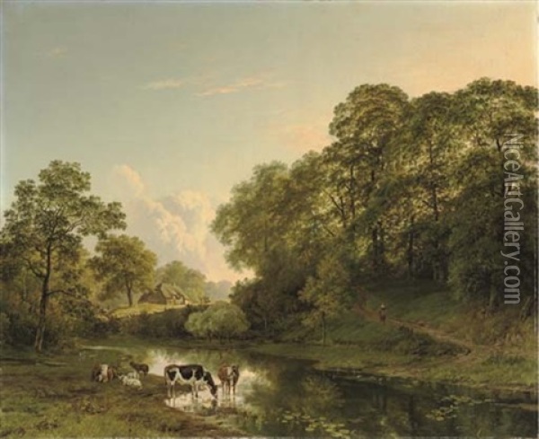 Het Kastanjewoud Bij Beek - Cattle By A Ford In An Undulating Forest Landscape Oil Painting - Barend Cornelis Koekkoek