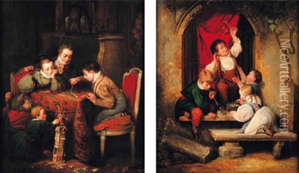 Jeux D'enfants (+ Bulles De Savon; 2 Works) Oil Painting - Claudius Jacquand