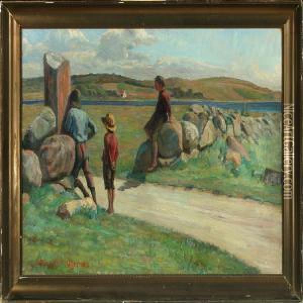 Summer Scenery From Agernaes With Boys At A Stone Wall Oil Painting - Ingeborg M. Rode