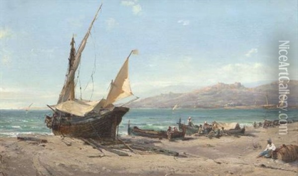 Italian Vessels Ashore, Ventimiglia Oil Painting - Edwin Hayes