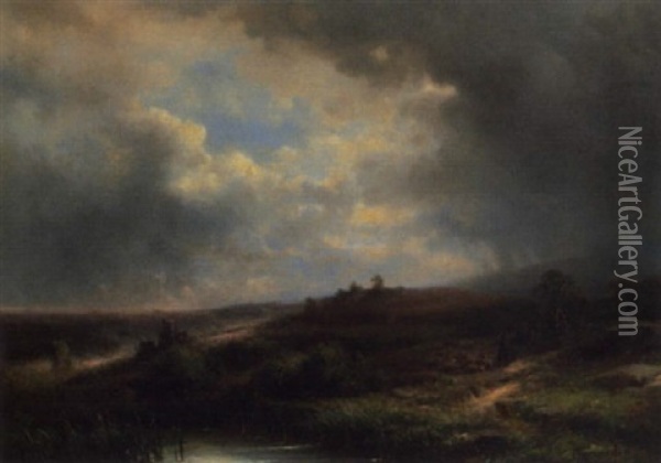 Heidelandschaft Mit Schafhirt Vor Dem Gewitter Oil Painting - Joseph Bernardi