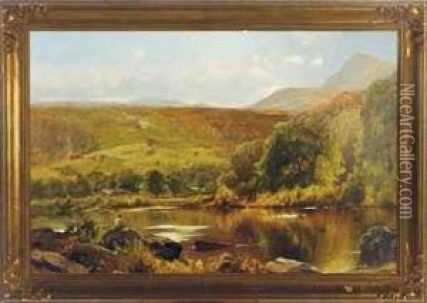 An Angler Fishing In A Landscape Oil Painting - Ernest Parton
