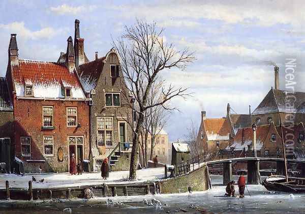 A View in a Town in Winter with Skaters on a Frozen Canal Oil Painting - Willem Koekkoek