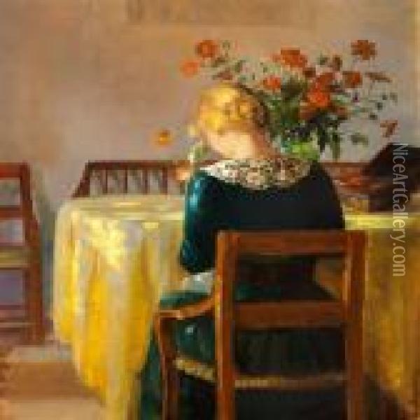 Interior With The Painter's Daughter Helga Sewing Oil Painting - Anna Ancher