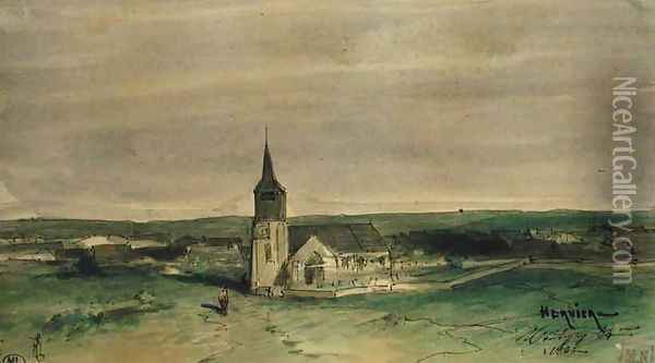 Church and Village in the Middle of a Field Montigny Oil Painting - Louis Adolphe Hervier