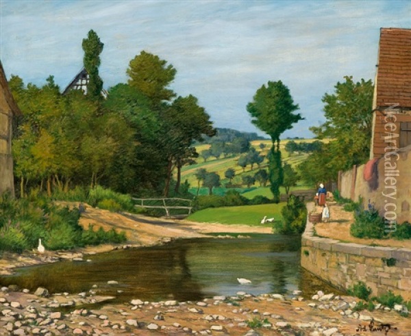 The Village Stream Oil Painting - Adolf Luntz