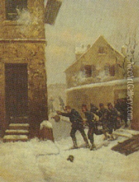 Bymotiv Med Franske Soldater, Vinter Oil Painting - Paul Emile Boutigny