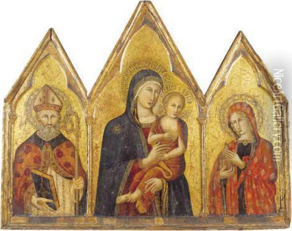 Madonna Con Il Bambino, Santo Vescovo E Santa Maria Maddalena Oil Painting - Pietro Lorenzetti