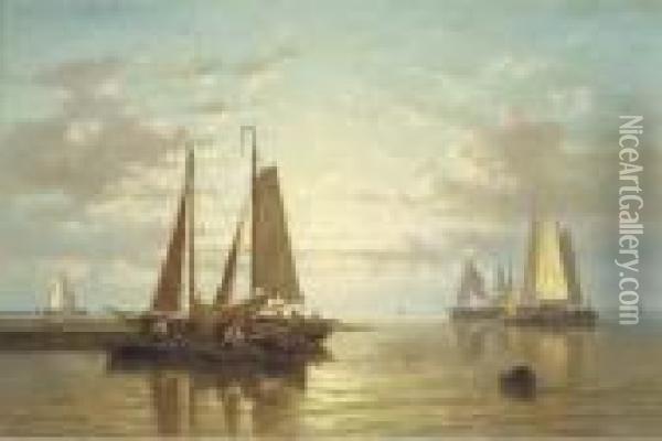 A Calm: Sailing Vessels In An Estuary At Dusk Oil Painting - Abraham Hulk Jun.