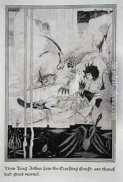 Now King Arthur saw the Questing Beast and thereof had great marvel, from 'Le Morte d'Arthur Oil Painting - Aubrey Vincent Beardsley