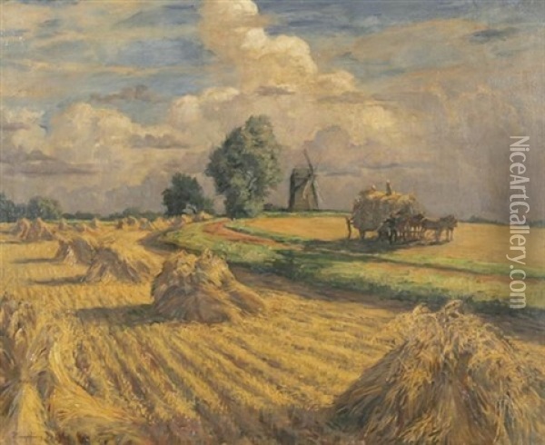 Kornernte Bei Einer Windmuhle Oil Painting - Wilhelm Hempfing
