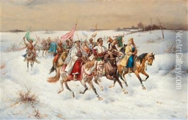 Wedding Procession In A Winter Landscape Oil Painting - Adolf (Constantin) Baumgartner-Stoiloff