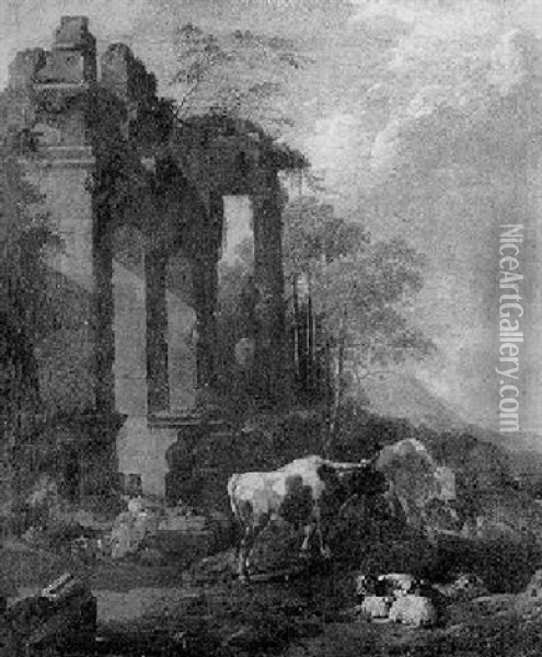 Rastende Viehherde Mit Ihren Hirten In Ruinenlandschaft Oil Painting - Johann Heinrich Roos