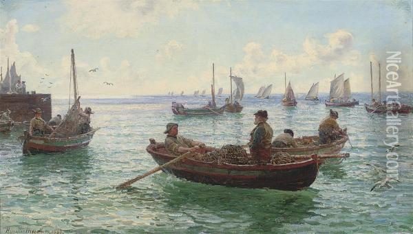 Lobster Fishermen Leaving Harbour Oil Painting - Hamilton Macallum