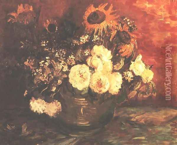 Bowl of Sunflowers, Roses and other Flowers Oil Painting - Vincent Van Gogh