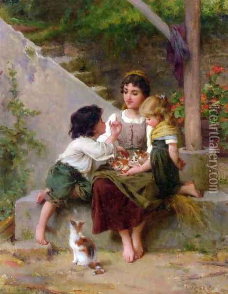 Playing with the Kittens Oil Painting - Emile Munier
