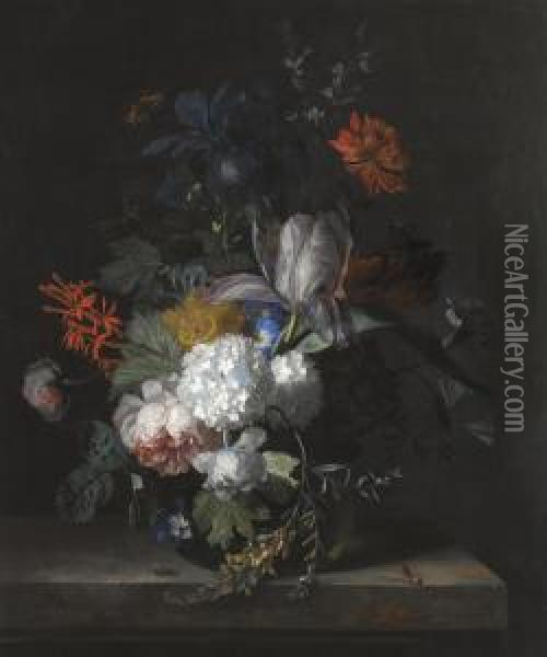 A Still Life With Hydrangea, 
Convolvulus, Polyanthus, Peonies, Auricula, Carnation, Tulips, Snowballs
 And Other Flowers In A Glass Vase Over A Stone Ledge With A Blubottle 
To The Left And A Hornet To The Right Oil Painting - Jan Van Huysum