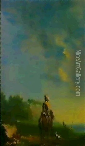 Ein Reiter Mit Hund In Einer Flusslandschaft Oil Painting - Norbert Joseph Carl Grund