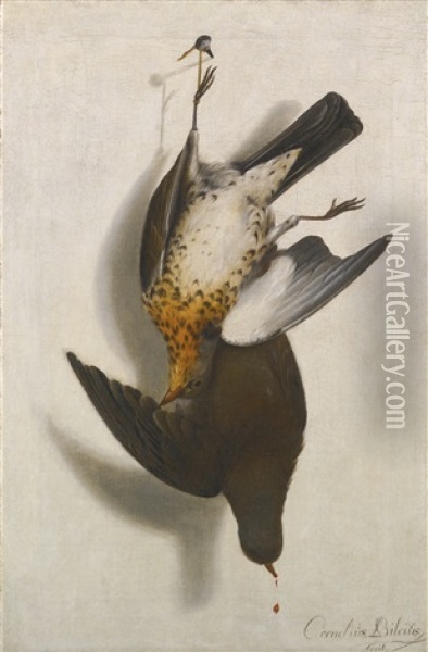 A Trompe L'oeil Still Life With Two Grouse Hanging From A Nail Oil Painting - Cornelis (Bilcius) Biltius