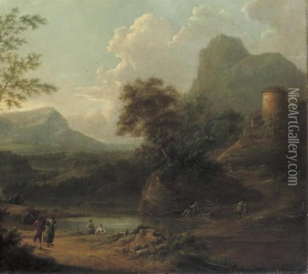 An Extensive River Landscape With Travellers On A Path Oil Painting - Johann Christian Vollerdt or Vollaert