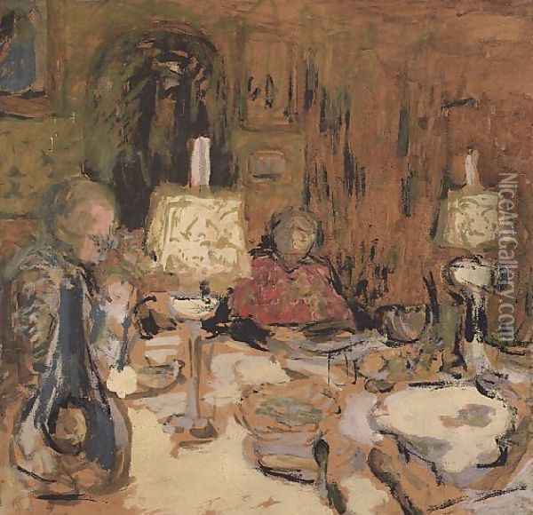 The Dinner with Two Lamps, rue de Calais, 1913 Oil Painting - Jean-Edouard Vuillard