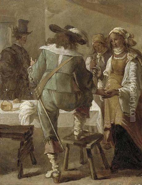 A Cavalryman Having His Palm Read In An Inn Oil Painting - Jacob van Velsen