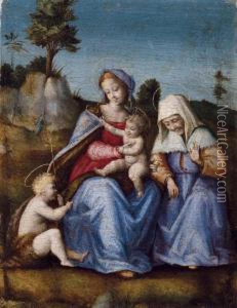 Madonna Col Bambino, San Giovannino E Santa Elisabetta Oil Painting - Francesco Ubertini Bacchiacca II