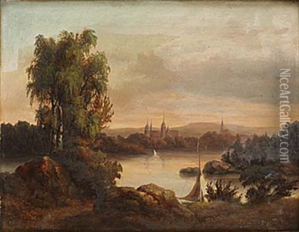 Landskap Med Slott Och Kyrka Oil Painting - Theodor Billing