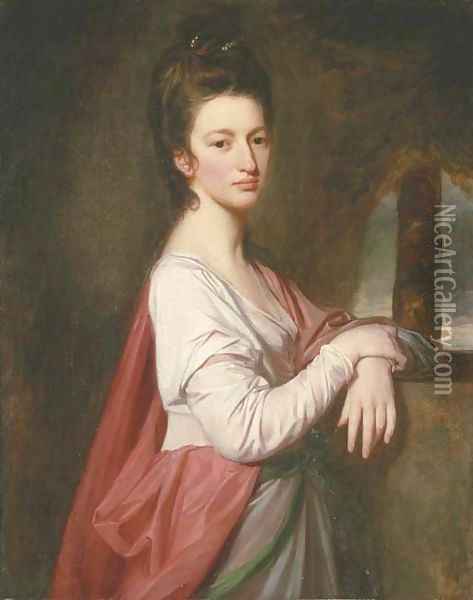 Portrait of a lady, traditionally identified as Mrs. Nelthorpe, three-quarter-length, in a white dress and pink shawl Oil Painting - George Romney