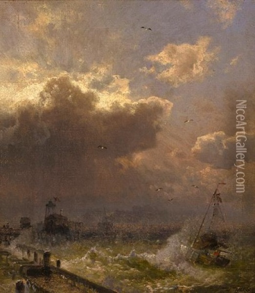 Lighthouse, Ostende Oil Painting - Hermann Herzog