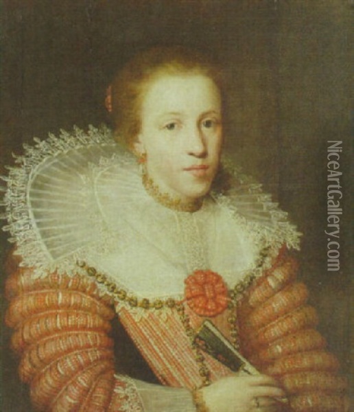 Portrait Of A Lady, Wearing A Red Dress, A Lace Ruff And Holding A Fan Oil Painting - Paulus Moreelse