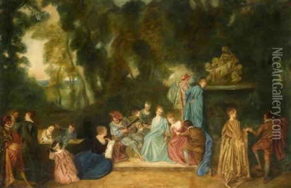 Festliche Gesellschaft Im Freien. Oil Painting - Watteau, Jean Antoine