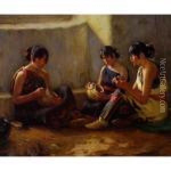 Acoma Pottery Decorators Oil Painting - Joseph Henry Sharp